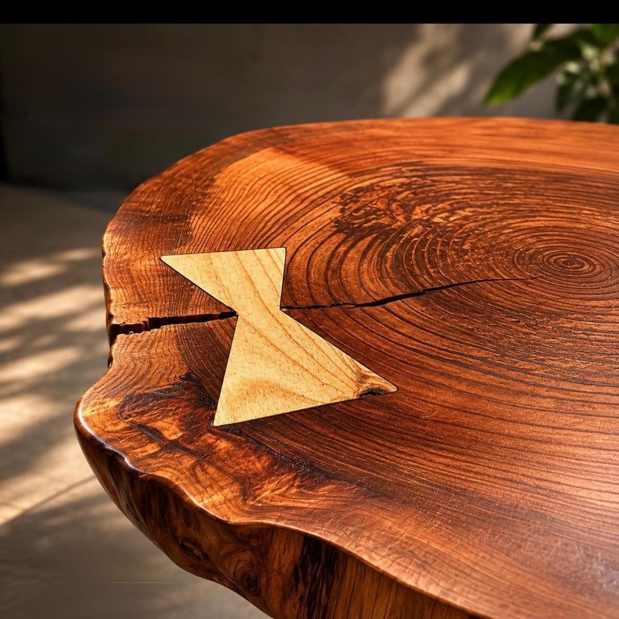 Round live-edge table with a butterfly joint inlay